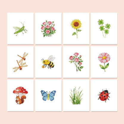 Ladybug and Bumblebee Meadow mini diamond painting – Garden nature: grasshopper, bee, ladybug, butterfly, dragonflies, roses, sunflower, clover, grass, toadstool