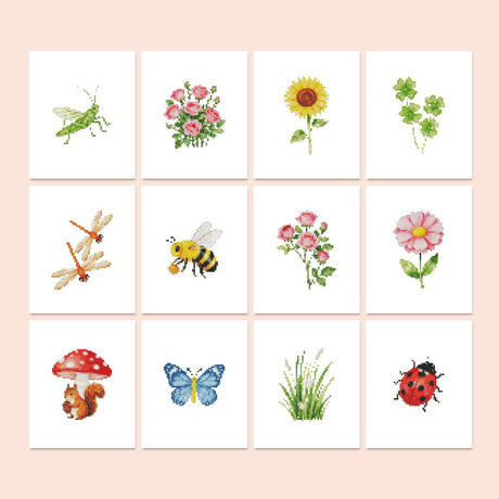 Ladybug and Bumblebee Meadow mini diamond painting – Garden nature: grasshopper, bee, ladybug, butterfly, dragonflies, roses, sunflower, clover, grass, toadstool