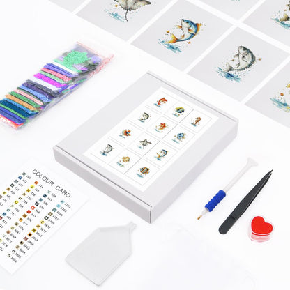 Leaping Fish and Seahorse mini diamond painting – the box with 12 canvases, diamonds and tools
