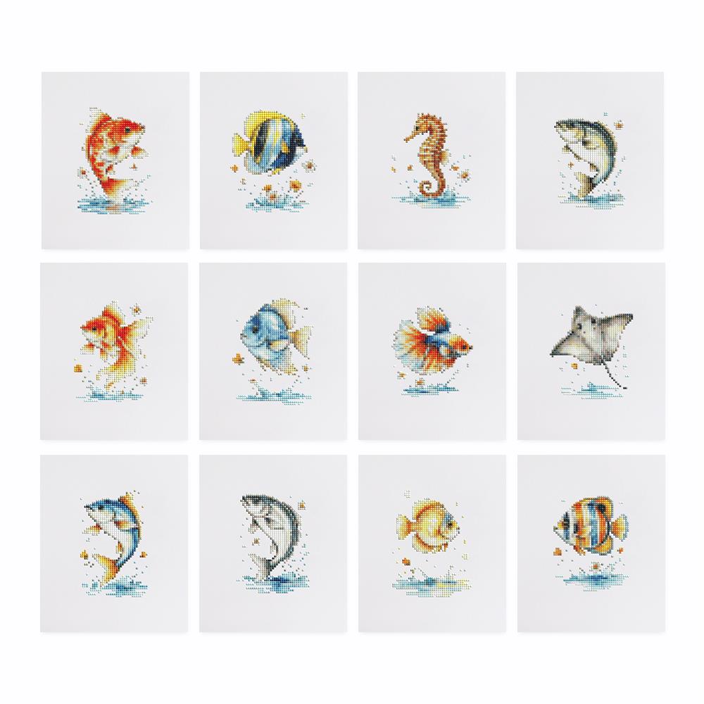 Leaping Fish and Seahorse mini diamond painting – the 12 designs laid out on white