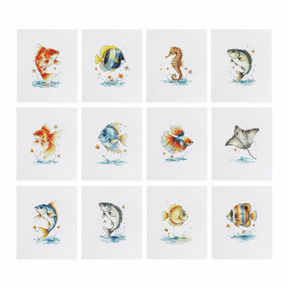Leaping Fish and Seahorse mini diamond painting – the 12 designs laid out on white