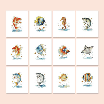Leaping Fish and Seahorse mini diamond painting – Fish leaping from water splashes: koi, tropical reef fish, a seahorse, manta ray, trout and pufferfish