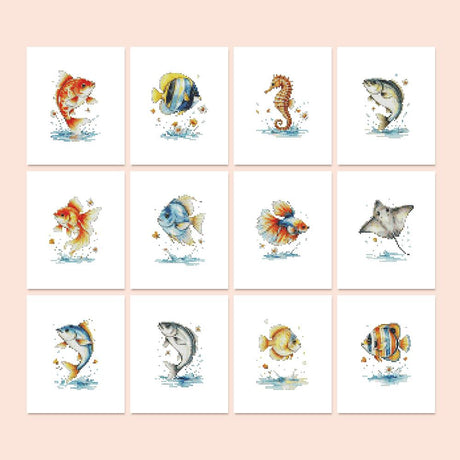 Leaping Fish and Seahorse mini diamond painting – Fish leaping from water splashes: koi, tropical reef fish, a seahorse, manta ray, trout and pufferfish