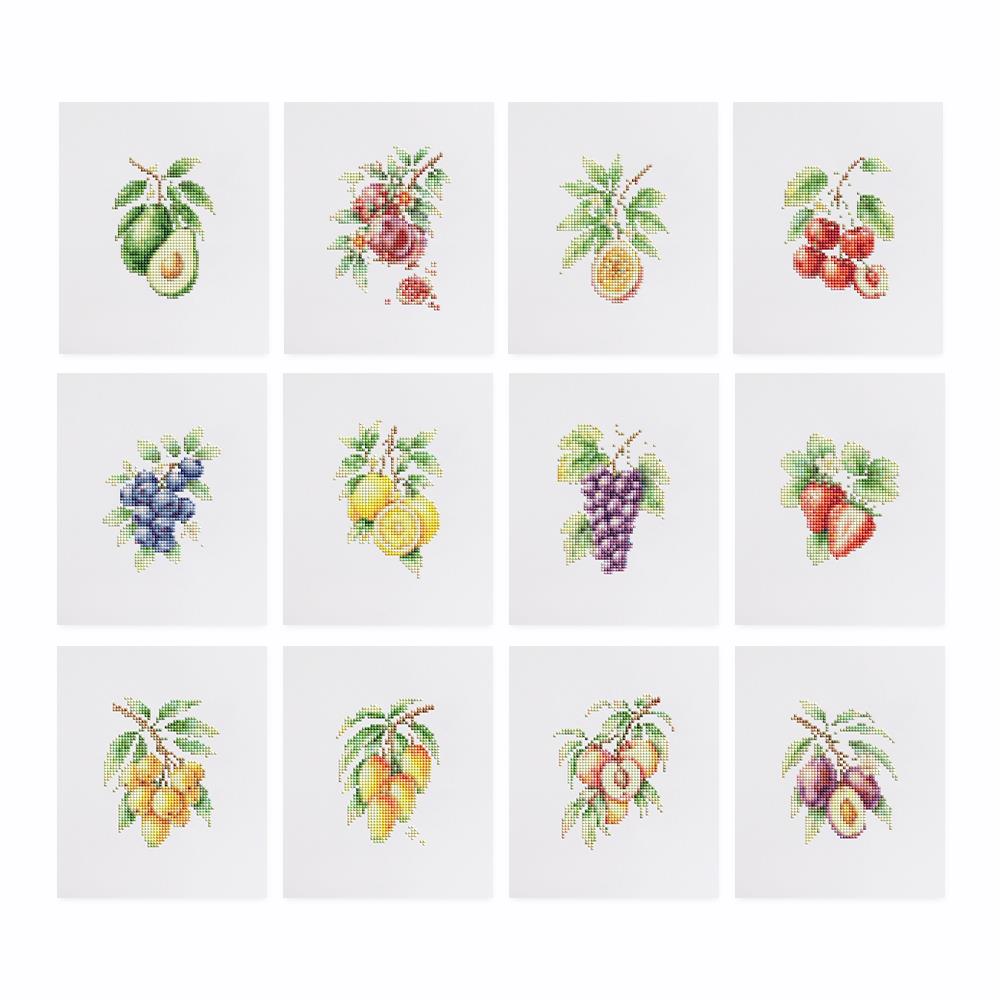 Orchard Fruit on the Branch mini diamond painting – the 12 designs laid out on white
