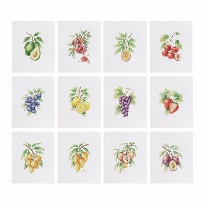 Orchard Fruit on the Branch mini diamond painting – the 12 designs laid out on white