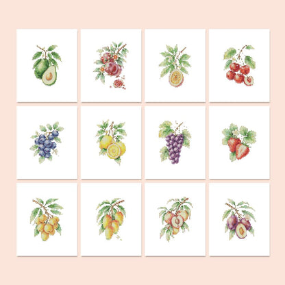 Orchard Fruit on the Branch mini diamond painting – Botanical fruit sprigs with leaves: avocado, cherries, blueberries, lemons, grapes, strawberries, mangoes, plums