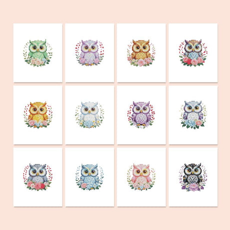 Owls in Flower Wreaths mini diamond painting – Fluffy owls framed by flower wreaths, each in a different color from mint and lilac to pink and black