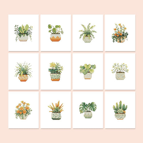 Sunny Windowsill Houseplants mini diamond painting – Potted plants in white and orange pots: pothos, fern, spider plant, monstera, cactus and flowering pots