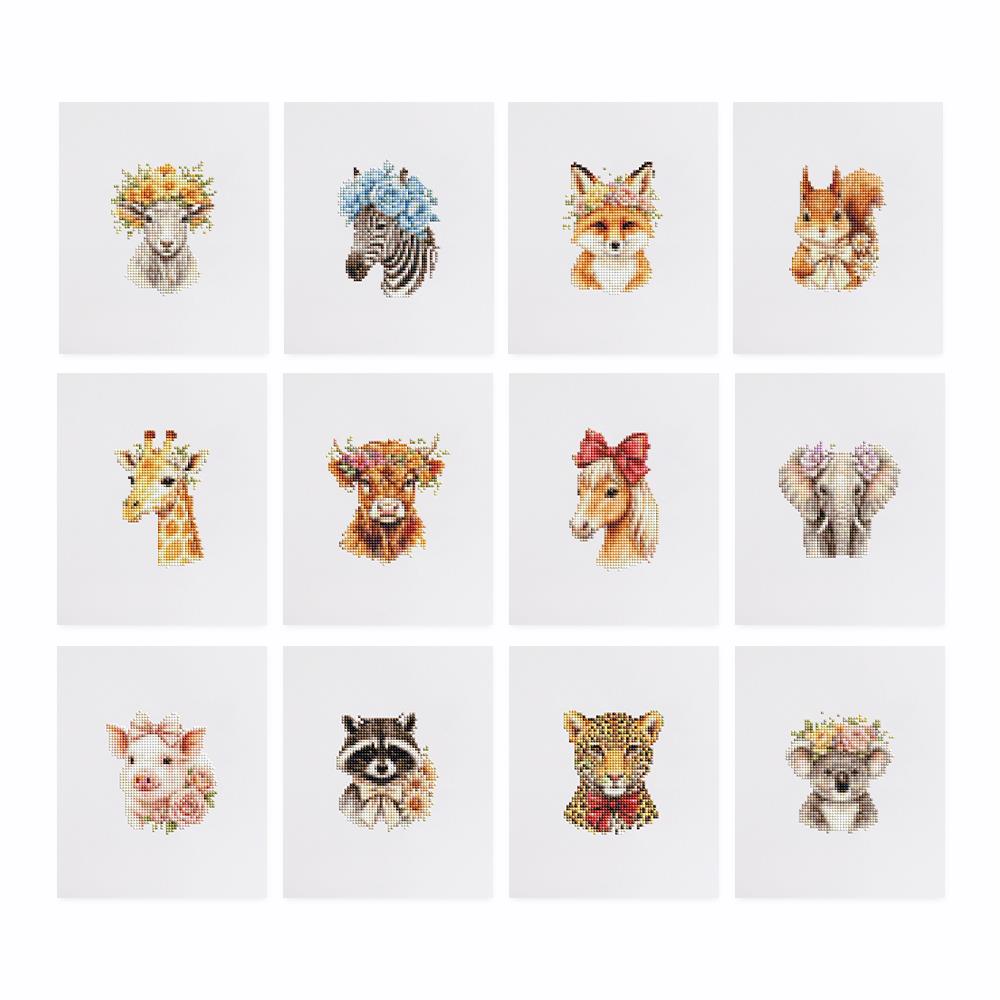 Flower Crown Animal Portraits mini diamond painting – the 12 designs laid out on white