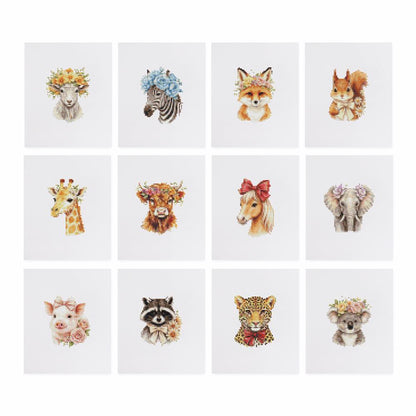 Flower Crown Animal Portraits mini diamond painting – the 12 designs laid out on white