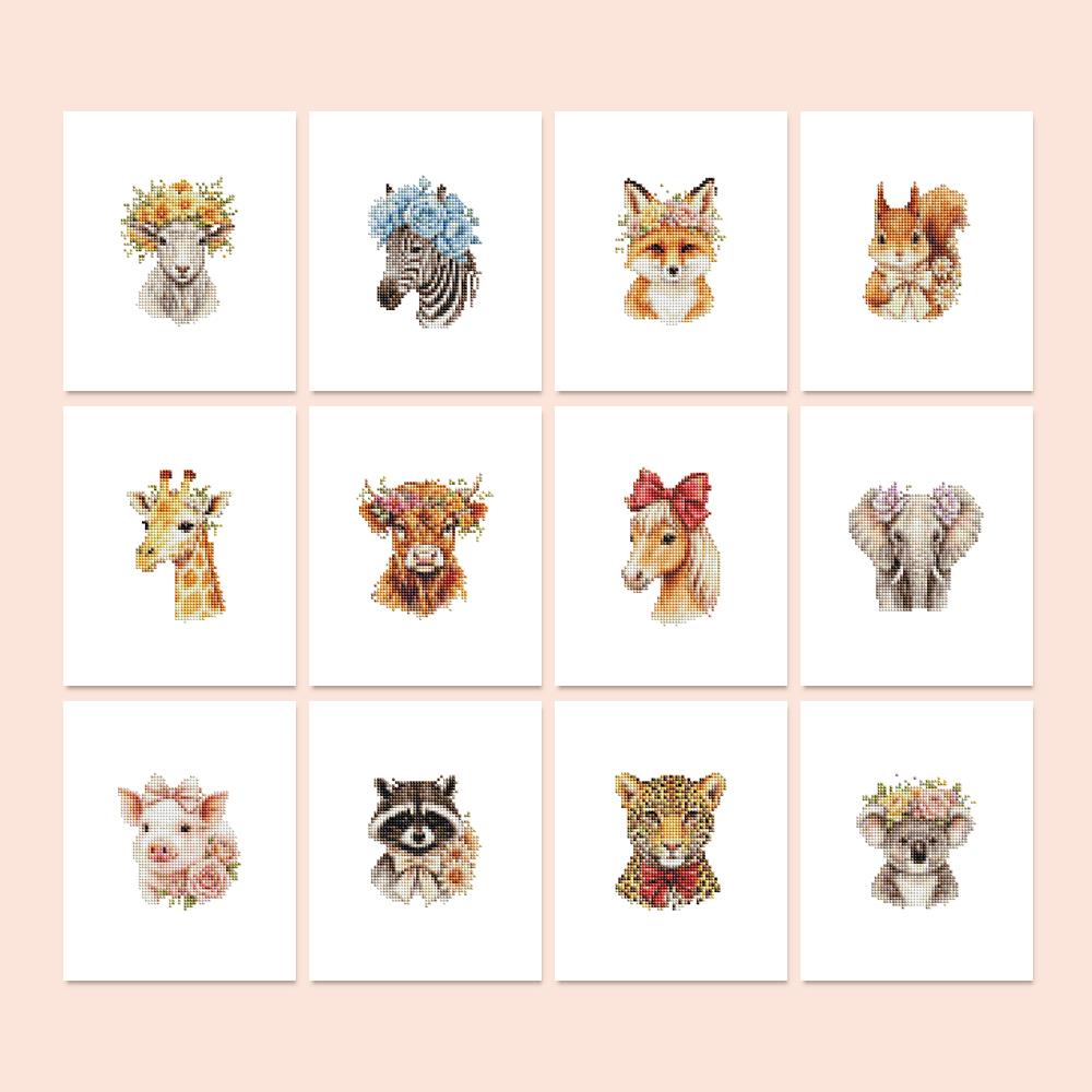 Flower Crown Animal Portraits mini diamond painting – Animal portraits, many with flower crowns: sheep, zebra, fox, giraffe, highland cow, elephant, pig, koala