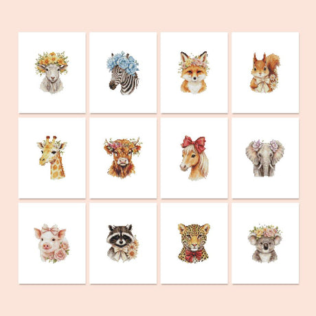 Flower Crown Animal Portraits mini diamond painting – Animal portraits, many with flower crowns: sheep, zebra, fox, giraffe, highland cow, elephant, pig, koala
