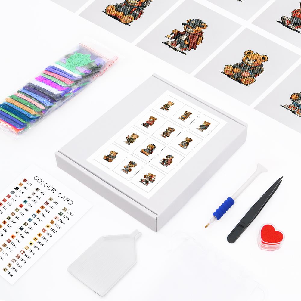 Streetwear Teddy Bear Crew mini diamond painting – the box with 12 canvases, diamonds and tools