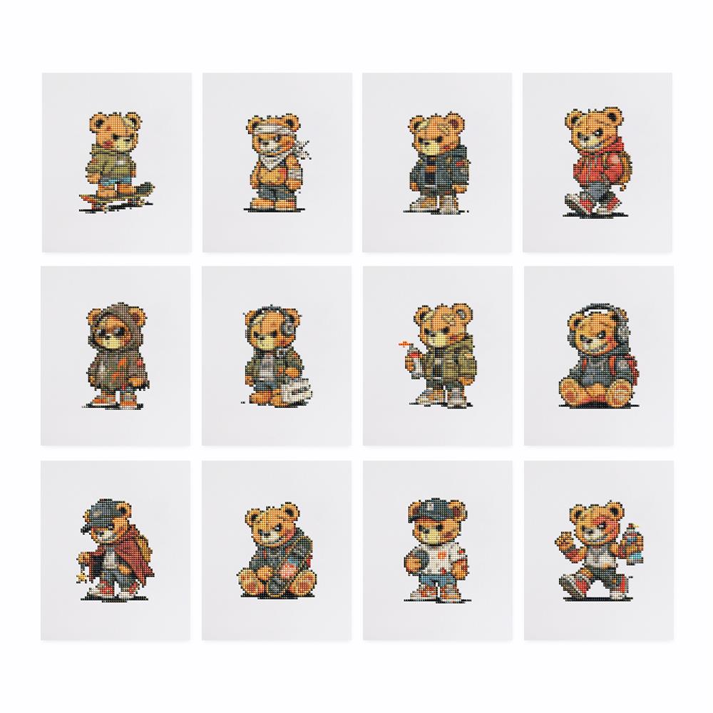 Streetwear Teddy Bear Crew mini diamond painting – the 12 designs laid out on white