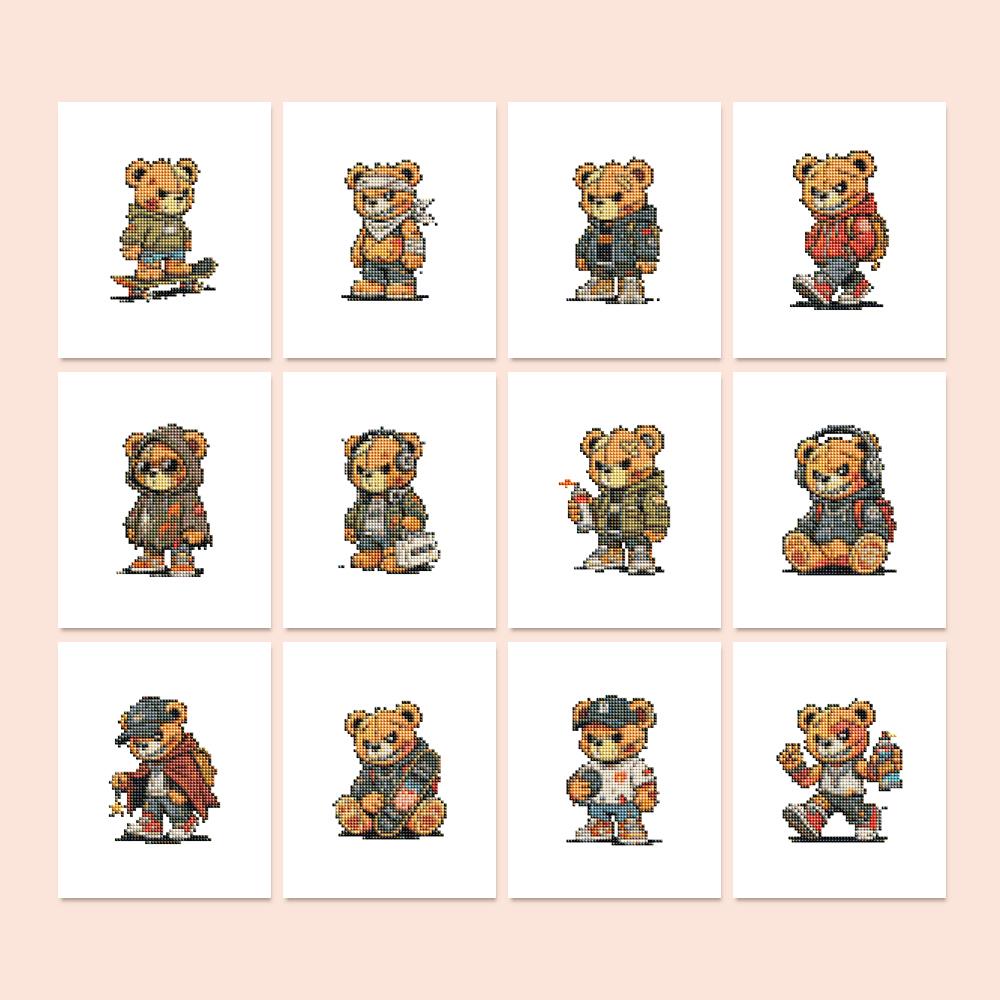Streetwear Teddy Bear Crew mini diamond painting – Teddy bears in streetwear: hoodies, cargo jackets, caps, backpacks and sneakers, in poses from walking to sitting