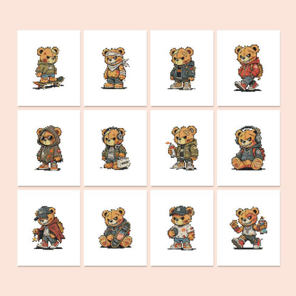 Streetwear Teddy Bear Crew mini diamond painting – Teddy bears in streetwear: hoodies, cargo jackets, caps, backpacks and sneakers, in poses from walking to sitting