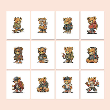 Streetwear Teddy Bear Crew mini diamond painting – Teddy bears in streetwear: hoodies, cargo jackets, caps, backpacks and sneakers, in poses from walking to sitting