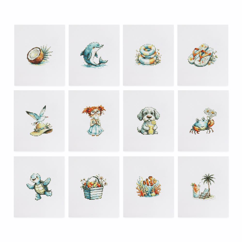 Flip-Flops and Dolphin Days mini diamond painting – the 12 designs laid out on white