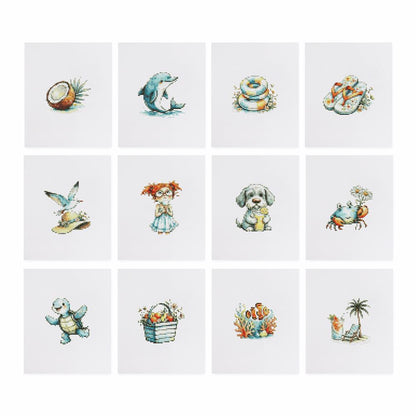 Flip-Flops and Dolphin Days mini diamond painting – the 12 designs laid out on white