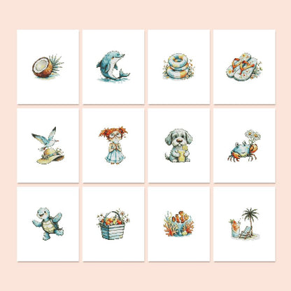 Flip-Flops and Dolphin Days mini diamond painting – Watercolor beach-day designs: coconut, dolphin, swim ring, flip-flops, puppy, crab, sea turtle, beach bag, cocktail