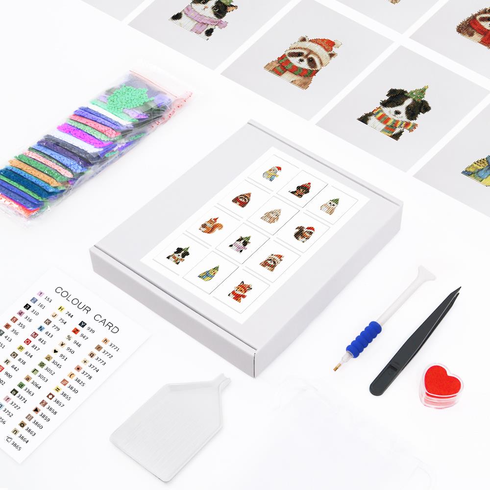 Bobble Hat Animal Friends mini diamond painting – the box with 12 canvases, diamonds and tools