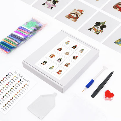 Bobble Hat Animal Friends mini diamond painting – the box with 12 canvases, diamonds and tools