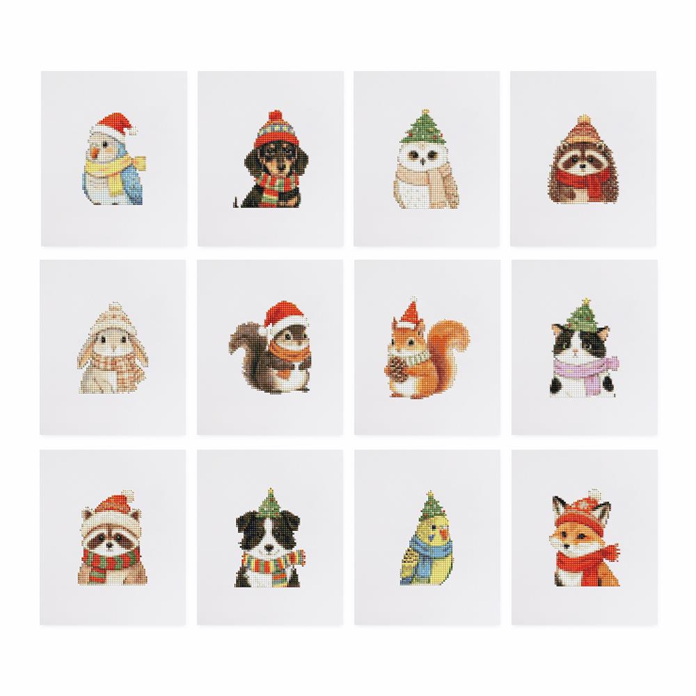 Bobble Hat Animal Friends mini diamond painting – the 12 designs laid out on white
