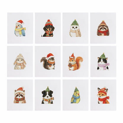 Bobble Hat Animal Friends mini diamond painting – the 12 designs laid out on white