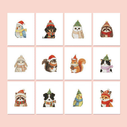 Bobble Hat Animal Friends mini diamond painting – Animals in knit hats, Santa hats and scarves: budgies, dachshund, owl, raccoons, bunny, squirrels, cat, fox