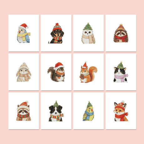 Bobble Hat Animal Friends mini diamond painting – Animals in knit hats, Santa hats and scarves: budgies, dachshund, owl, raccoons, bunny, squirrels, cat, fox