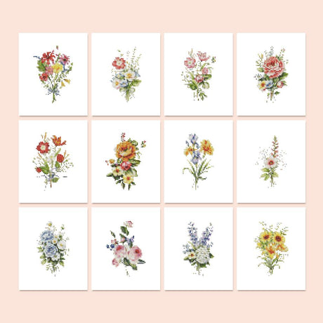 Watercolor Wildflower Bouquets mini diamond painting – Watercolor bouquets of roses, poppies, lavender, sunflowers, peonies and white wildflowers