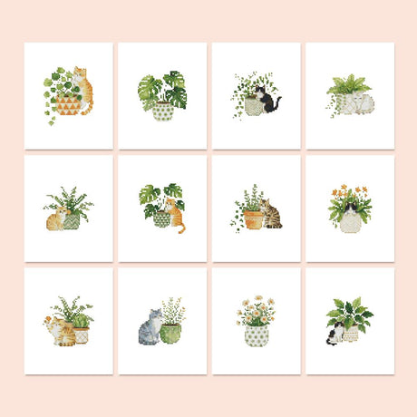 Cats Among the Houseplants mini diamond painting – Cats with potted houseplants: ginger, black, white, grey and tuxedo cats beside monstera, ferns and daisies