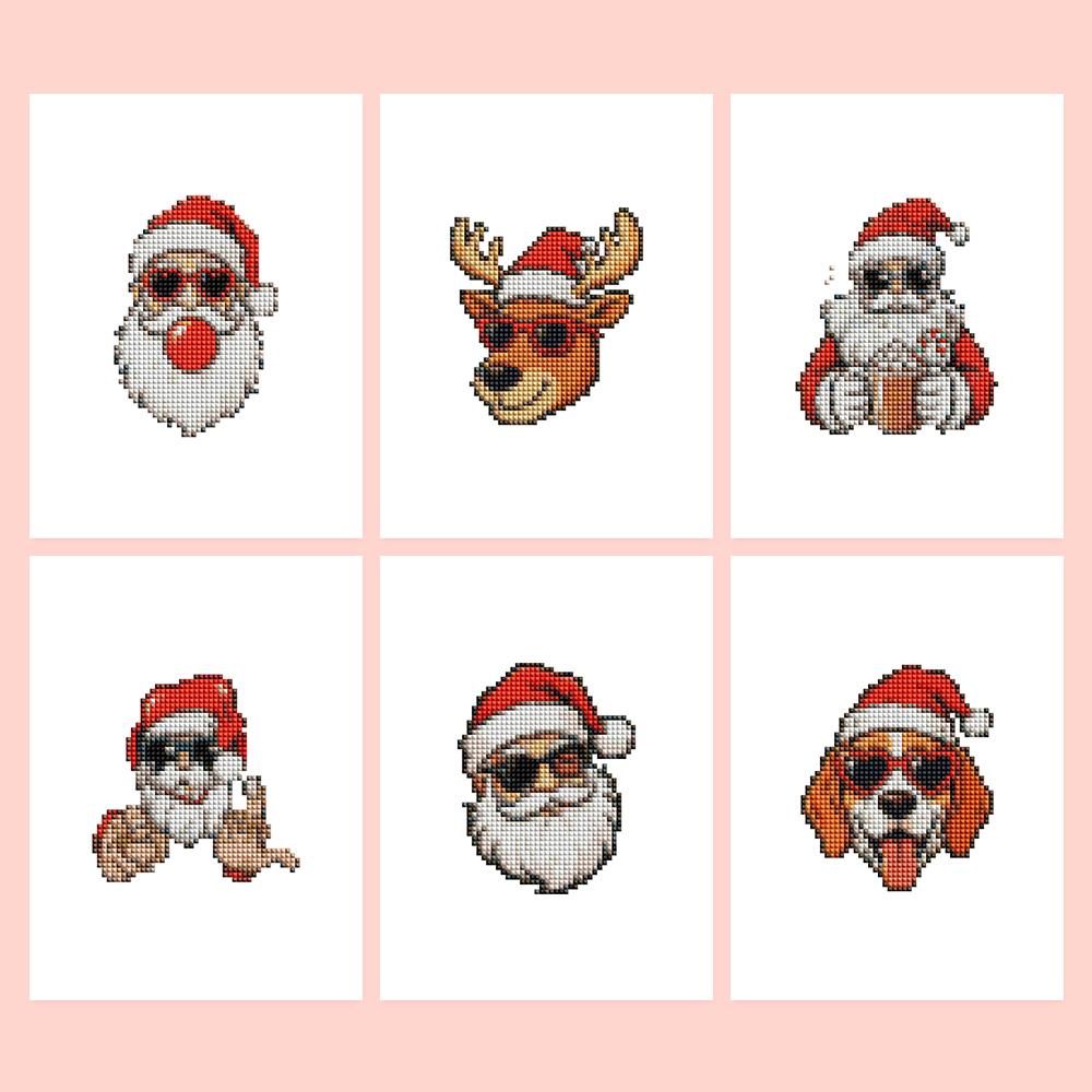 Santa in Cool Sunglasses mini diamond painting – Six Christmas faces in sunglasses: four Santas, one with cocoa, a reindeer and a beagle in a Santa hat