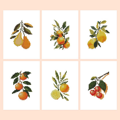 Sunny Citrus Orchard Branches mini diamond painting – Six fruit branches with leaves: pears, small oranges, lemons, clementines, a lemon and orange, and red cherries