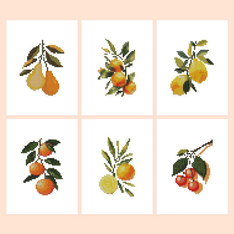 Sunny Citrus Orchard Branches mini diamond painting – Six fruit branches with leaves: pears, small oranges, lemons, clementines, a lemon and orange, and red cherries