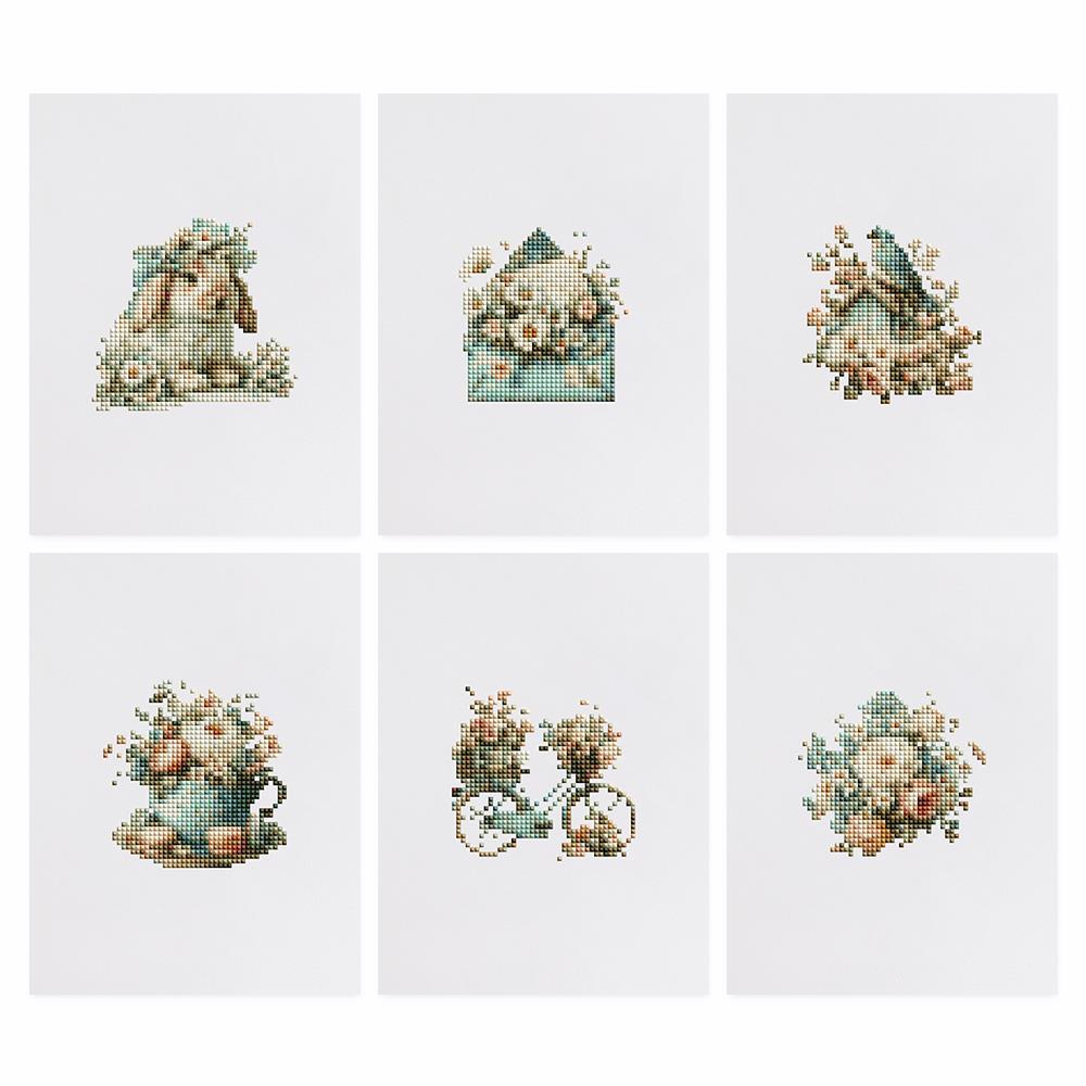 Shabby Chic Roses and Bunny mini diamond painting – the 6 designs laid out on white