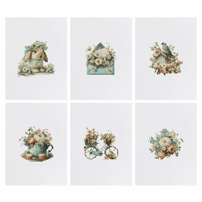 Shabby Chic Roses and Bunny mini diamond painting – the 6 designs laid out on white
