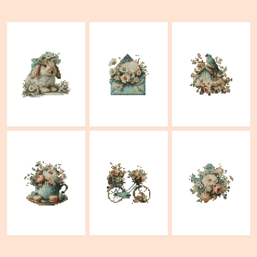 Shabby Chic Roses and Bunny mini diamond painting – Six vintage designs in sage and blush: bunny, envelope, songbird, teacup, bicycle and bouquet, all in roses
