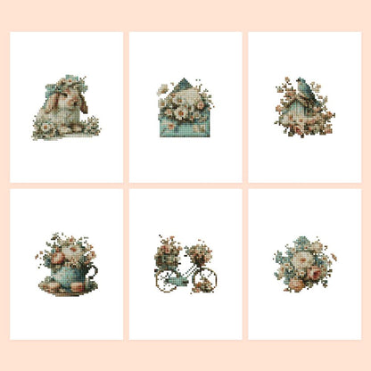 Shabby Chic Roses and Bunny mini diamond painting – Six vintage designs in sage and blush: bunny, envelope, songbird, teacup, bicycle and bouquet, all in roses