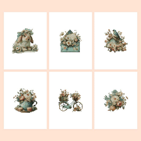 Shabby Chic Roses and Bunny mini diamond painting – Six vintage designs in sage and blush: bunny, envelope, songbird, teacup, bicycle and bouquet, all in roses