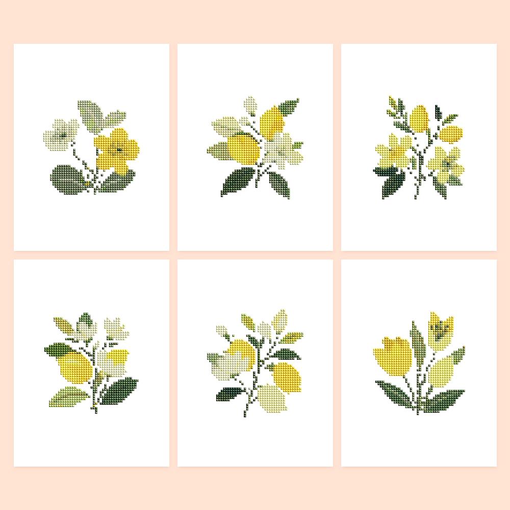 Lemon Blossom Sprigs mini diamond painting – Six botanical sprigs in yellow and green: yellow blossoms, lemons with white flowers and a cluster of tulips