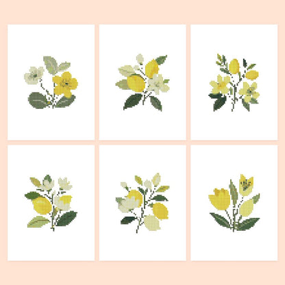 Lemon Blossom Sprigs mini diamond painting – Six botanical sprigs in yellow and green: yellow blossoms, lemons with white flowers and a cluster of tulips