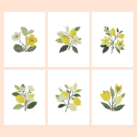 Lemon Blossom Sprigs mini diamond painting – Six botanical sprigs in yellow and green: yellow blossoms, lemons with white flowers and a cluster of tulips