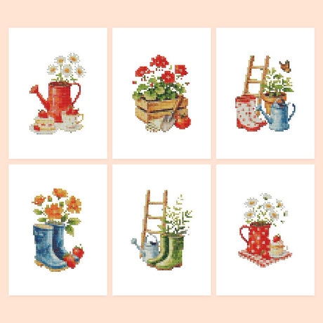 Rain Boots and Red Geraniums mini diamond painting – Six garden scenes: red watering cans with daisies, geranium crate, ladders and rain boots full of flowers