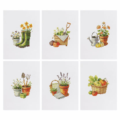 Garden Trowel and Lavender Pots mini diamond painting – the 6 designs laid out on white