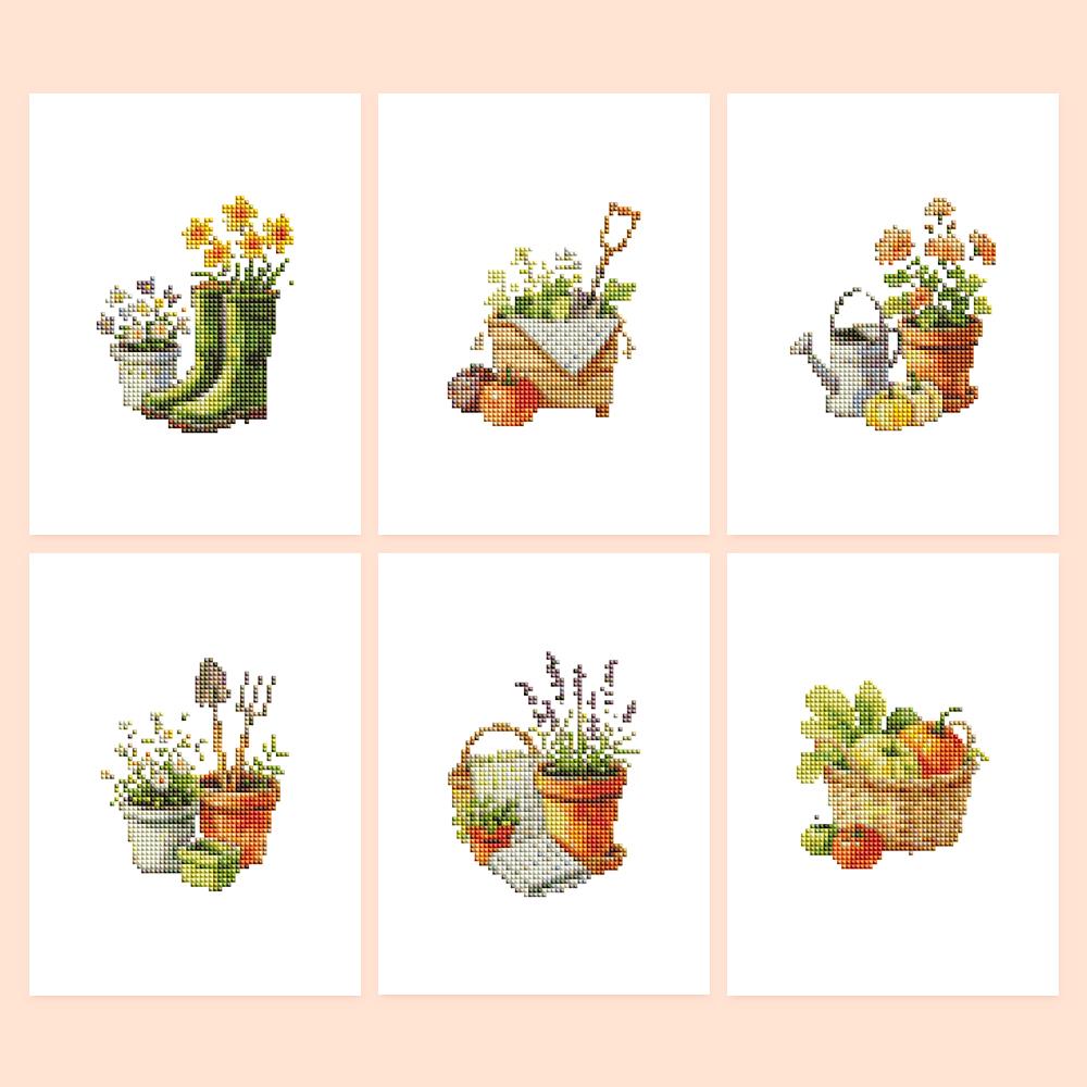 Garden Trowel and Lavender Pots mini diamond painting – Potting-shed scenes: green boots, crate with trowel, watering can, garden tools, lavender pot, harvest basket