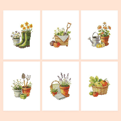 Garden Trowel and Lavender Pots mini diamond painting – Potting-shed scenes: green boots, crate with trowel, watering can, garden tools, lavender pot, harvest basket