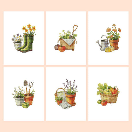 Garden Trowel and Lavender Pots mini diamond painting – Potting-shed scenes: green boots, crate with trowel, watering can, garden tools, lavender pot, harvest basket