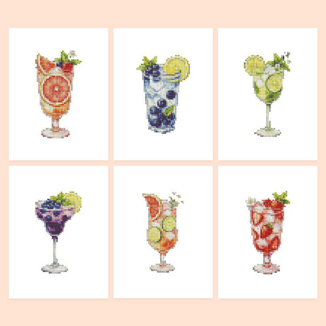 Grapefruit and Berry Spritzers mini diamond painting – Six fruity drinks in tall glasses with grapefruit, blueberries, lime, blackberries, citrus slices and strawberries