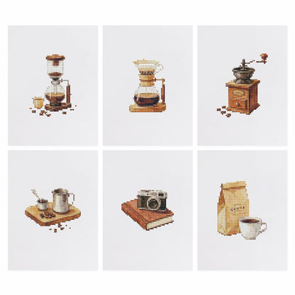Siphon Brew and Coffee Grinder mini diamond painting – the 6 designs laid out on white